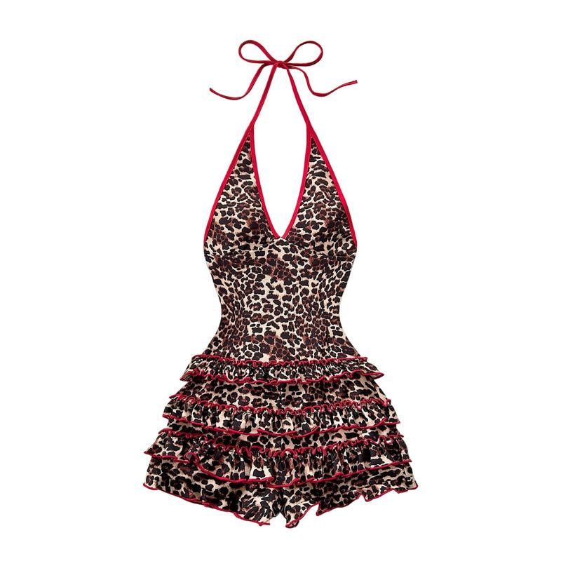 Leopard Sleeveless Halter Romper Y2K V Neck Layered Ruffle Cheetah Shorts Jumpsuit Club Clothing