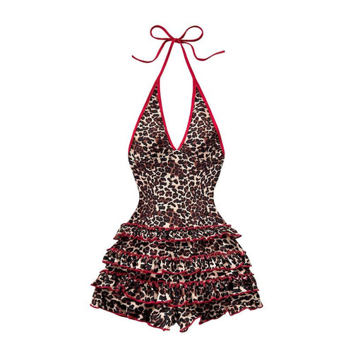 Leopard Sleeveless Halter Romper Y2K V Neck Layered Ruffle Cheetah Shorts Jumpsuit Club Clothing