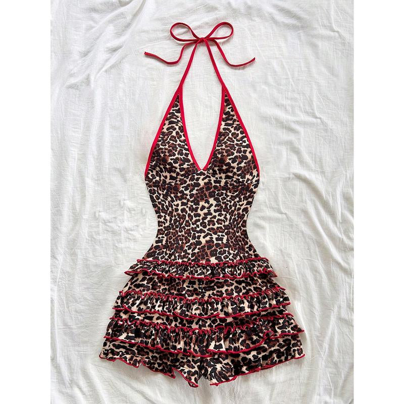 Leopard Sleeveless Halter Romper Y2K V Neck Layered Ruffle Cheetah Shorts Jumpsuit Club Clothing