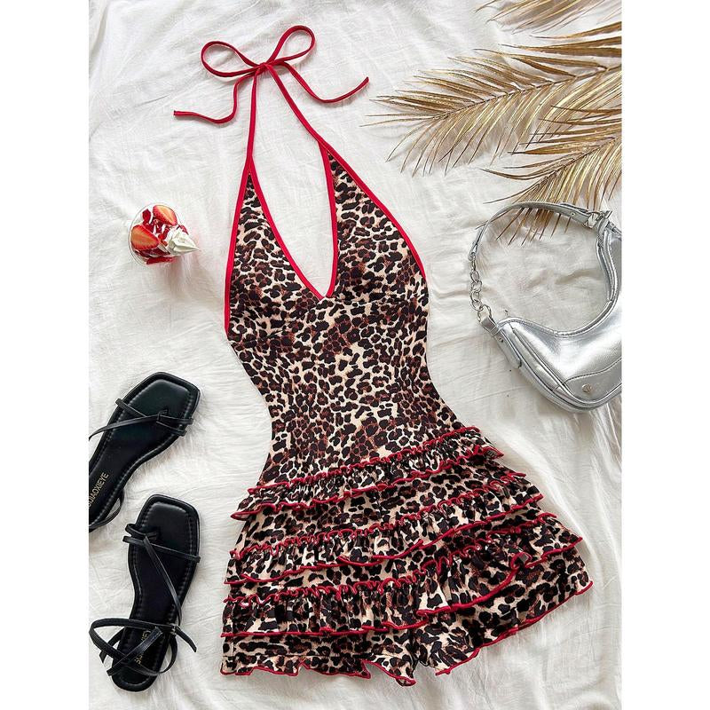 Leopard Sleeveless Halter Romper Y2K V Neck Layered Ruffle Cheetah Shorts Jumpsuit Club Clothing