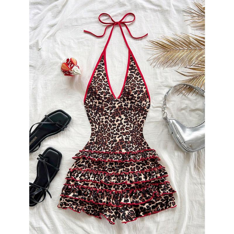 Leopard Sleeveless Halter Romper Y2K V Neck Layered Ruffle Cheetah Shorts Jumpsuit Club Clothing
