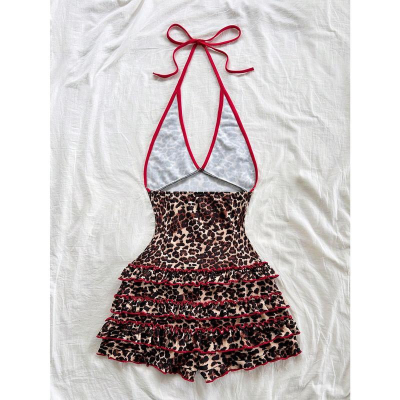 Leopard Sleeveless Halter Romper Y2K V Neck Layered Ruffle Cheetah Shorts Jumpsuit Club Clothing